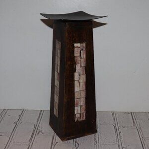 🕯️ Wooden Inlay Candle Holder · 12.5" Tall